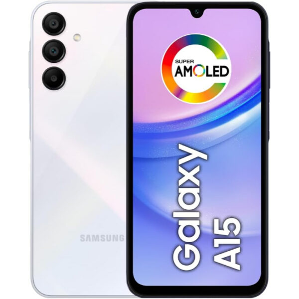 Imagem do Samsung Galaxy A15 com fundo simples, destacando sua tela e design minimalista