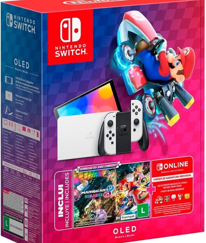 Nintendo, Console + Jogo, Switch OLED Branco, Jogo Digital Mario Kart 8 Deluxe, 3 Meses de Assinatura Nintendo Switch Online