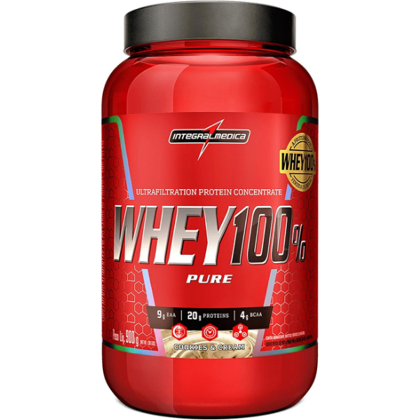 Integralmédica - Whey Protein Concentrado Cookies and Cream 100% Pure - 21g de Proteína por Scoop, Suplementação Alimentar Pós-Treino, Fórmula Enriquecida com BCAAs - Pote 900g