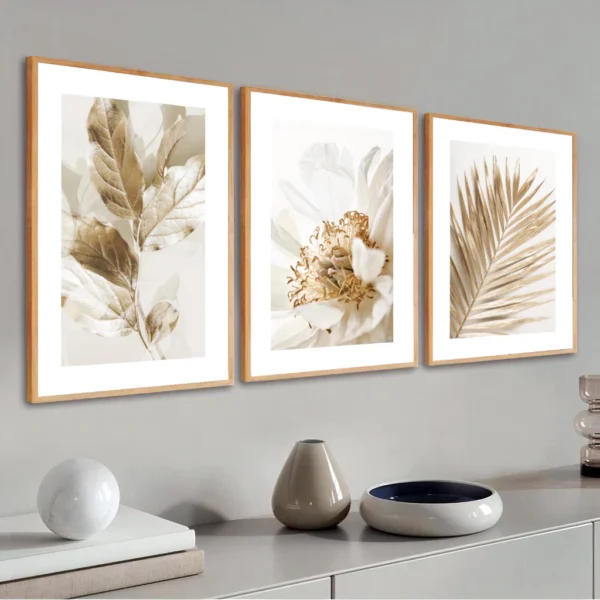 Kit 3 Quadros Decorativos Folhagem Dourada Gold Sala Grande Moderno