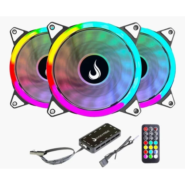 Kit 3 Cooler Fan 120mm Rise Mode Energy 6p ARGB 5v com Controladora PC Gamer RGB