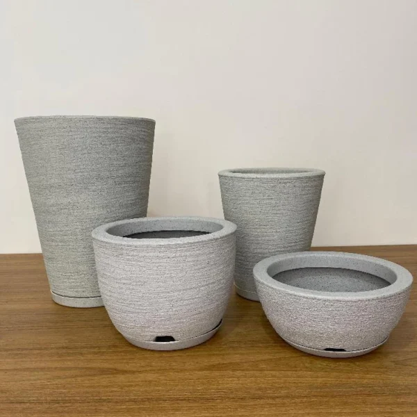 Kit 4 Vasos Texturizados Planta Flor Polietileno Coluna Redonda N1 N2+ Bojo N1+Bacia N1 com Prato