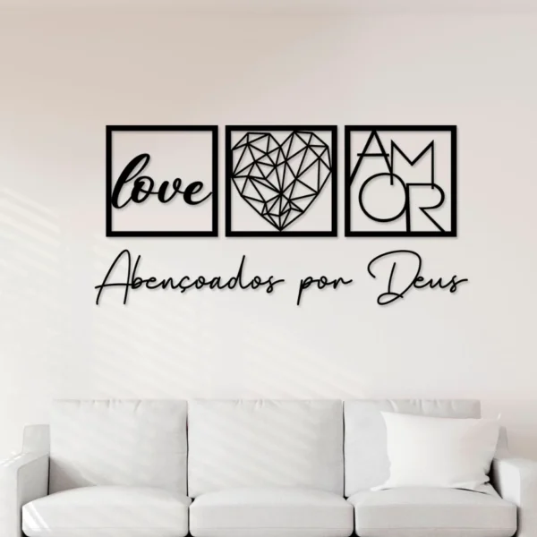 Kit com 3 Quadros Decorativos + Frase Abençoados por Deus - Decoração para Sala e Quarto em mdf