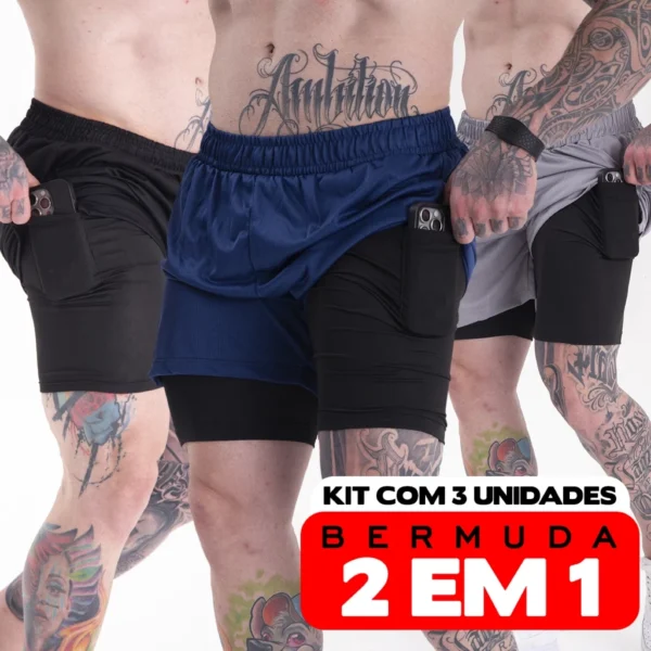 Kit 3 Shorts Para Academia Bermuda 2 em 1 Forrados Com Bolso Extra Original