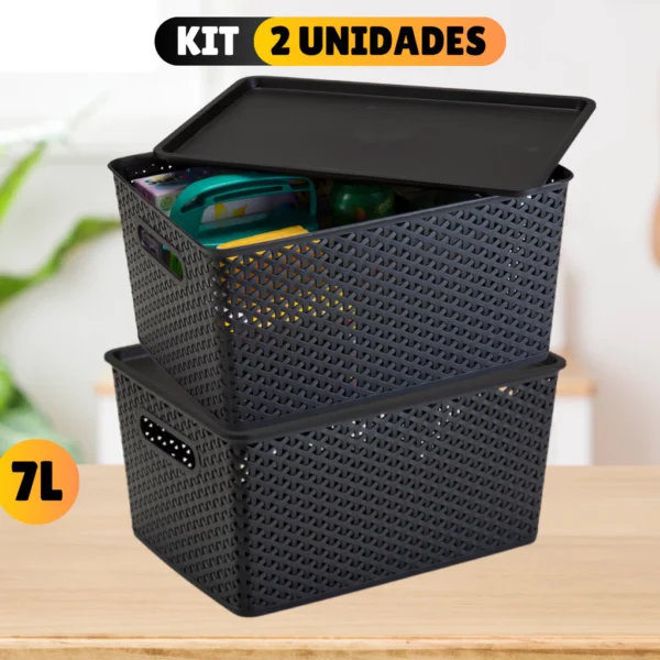 Kit Com 2 Cesto Caixa Organizadora Rattan Com Tampa 7 Litros Preto Multiuso